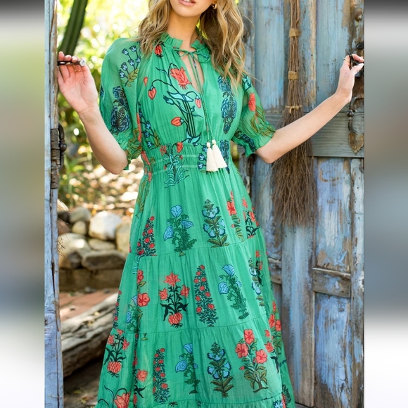 THML Dresses & Skirts - THML Green Floral Tiered Maxi Dress with Tassel Detail